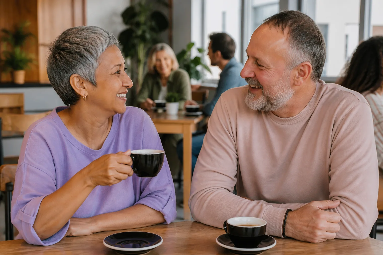 Mature couple talking over coffee in Warwickshire