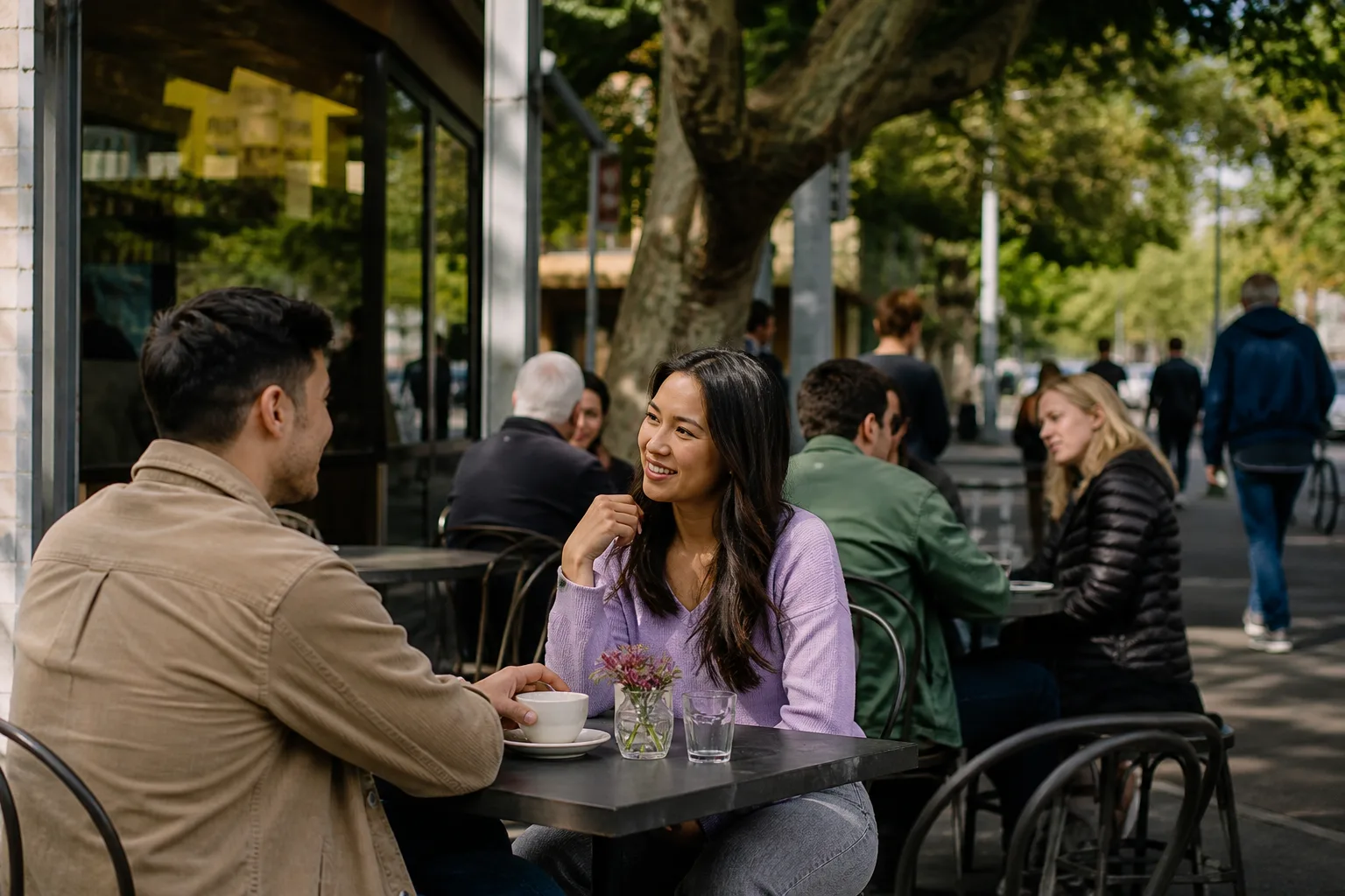 Two people talking over coffee in Warwickshire
