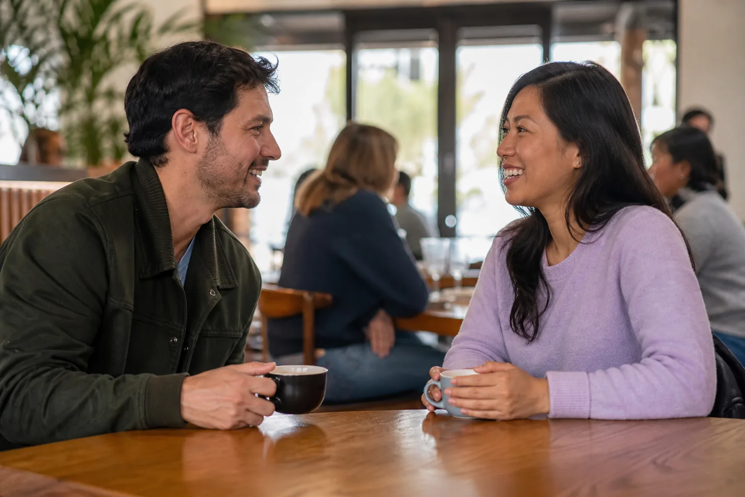 Two people talking over coffee in Warwickshire