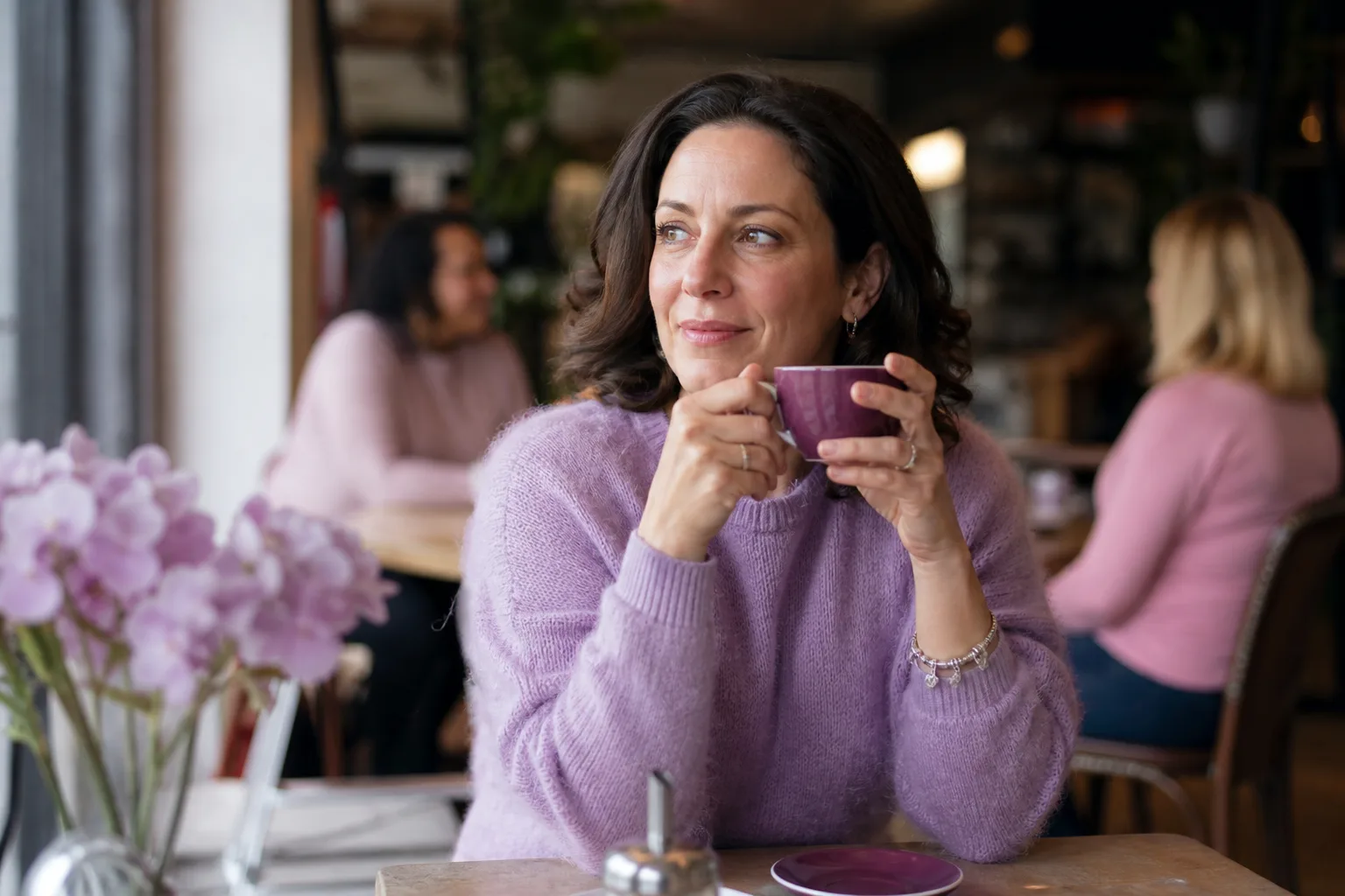 Woman enjoying a relaxed drink at a Warwickshire café