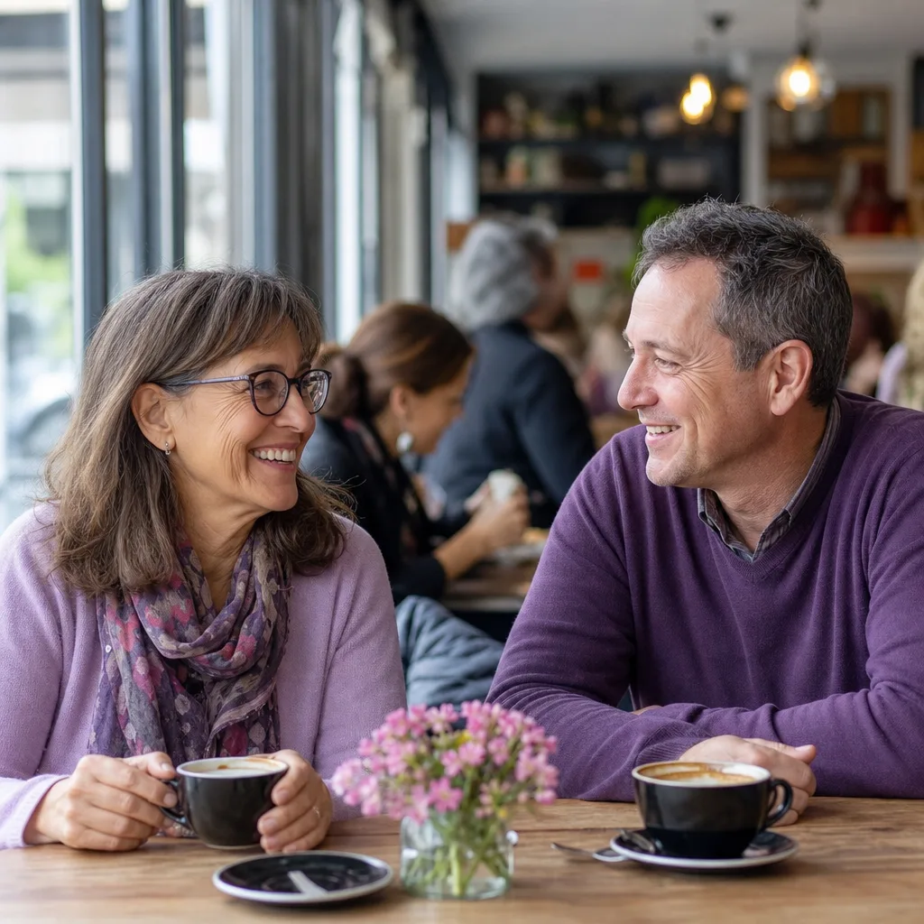 Mature singles chatting at a relaxed café table in Warwick