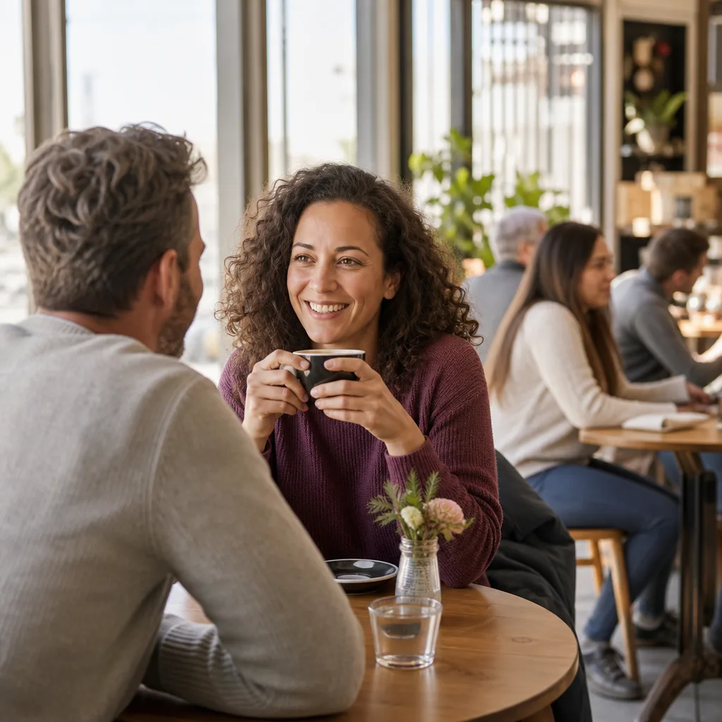 Two adults meeting in a busy public café in Warwick